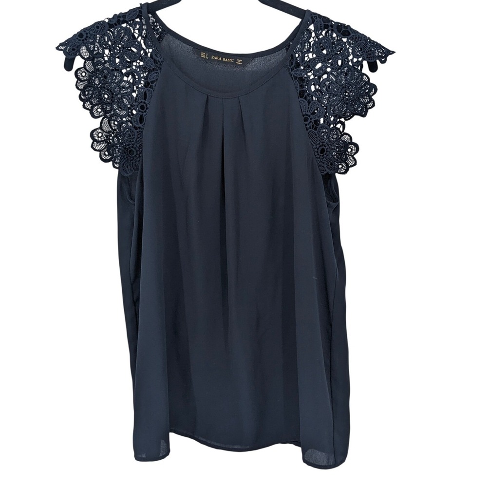 Zara Blouse Womens Small Navy Blue Lace Pleated Top Office Career Cottagecore